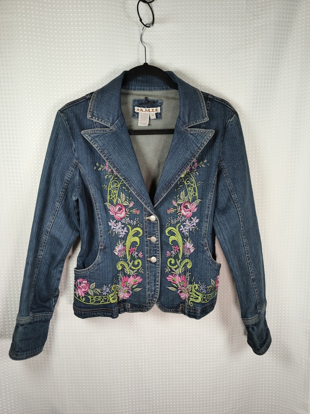 Vintage Y2K A.M.I. Embroidered Floral Denim Blazer Jacket Cottagecore Boho PM